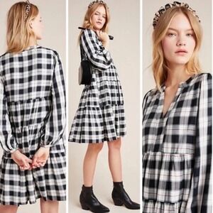 Anthropologie Maeve Amber Tiered ‎ Babydoll Mini Dress Plaid Grunge XSP Petite